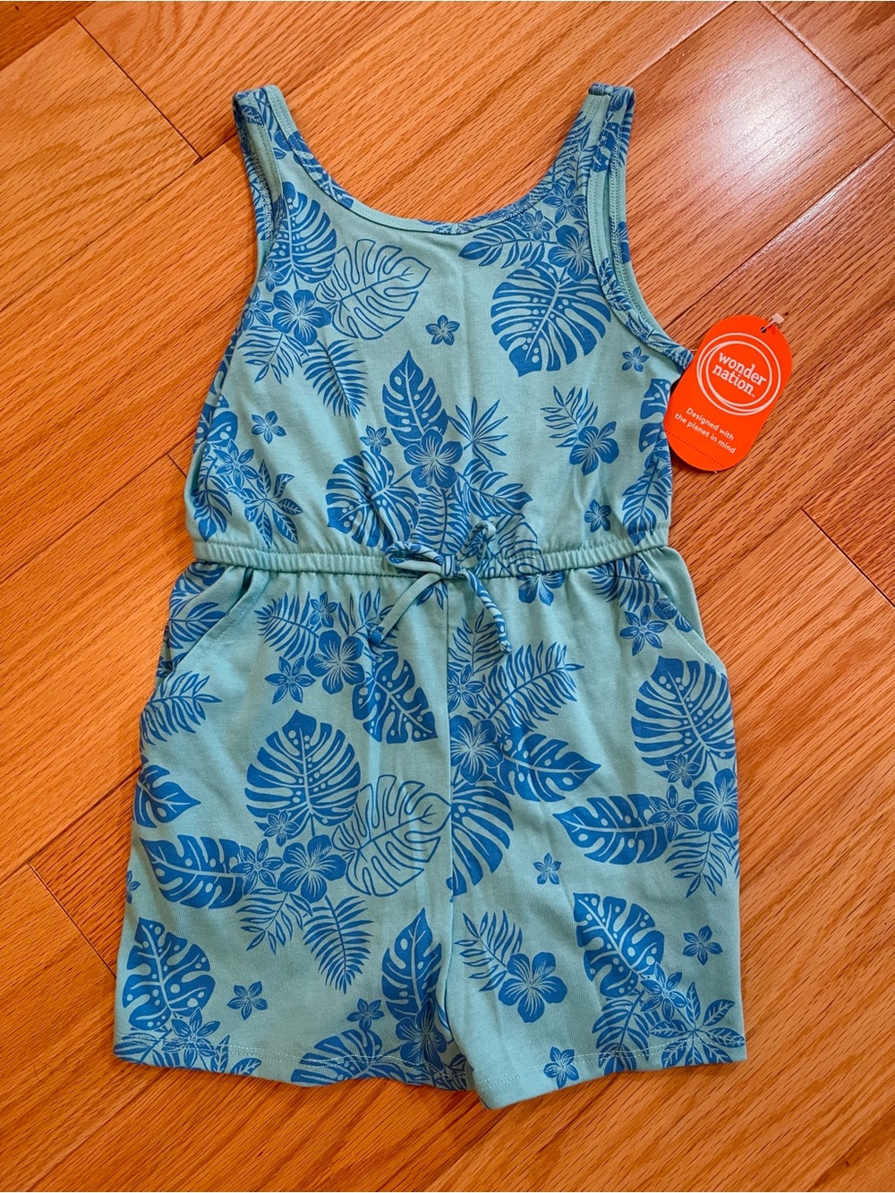 wonder nation Teal Romper with Blue Tropical Leaf Print